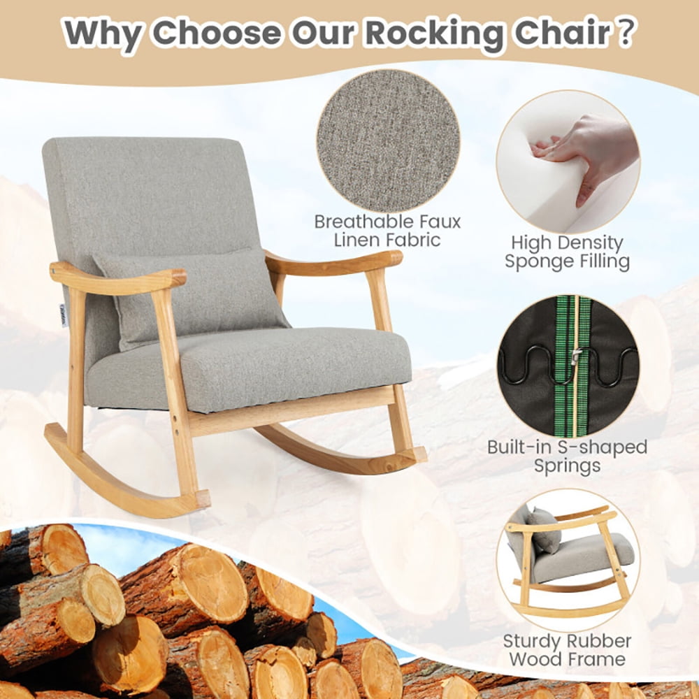 Finihen Rocking Chair, Recliner Chair, Upholstered Rocking Chair with Pillow and Rubber Wood Frame, for Living Room, Bedroom, Gray Finihen Rocking Chair, Recliner Chair, Upholstered Rocking Chair with Pillow and Rubber Wood Frame, for Living Room, Bedroom, Gray