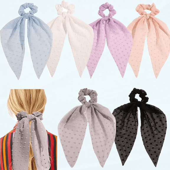 Long Hair Scarf Scrunchies Satin Silk Hair Ribbon Bow Scrunchies for Women Girls, Black Bowknot Hair Ties Bands 6Pcs Elastics Ponytail Holder (6 Pcs Donut Hair Ties)