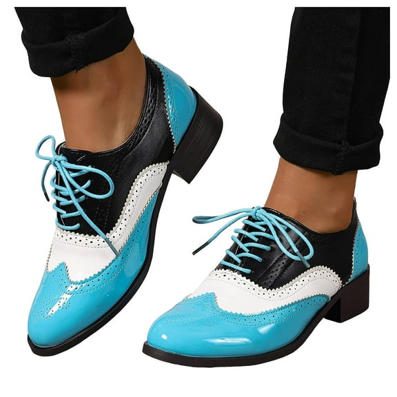 Womens British Oxfords Dress Shoes Vintage Color Block Pointed Toe Leather Chunky Mid Heel Ankle Combat Boots