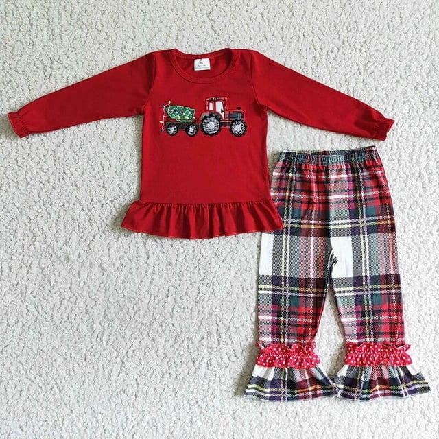 Ropa de dormir bordada para niños pequeños, conjunto de Túnica de algodón con árbol de camión de Navidad, pantalones a cuadros, venta al por mayor
