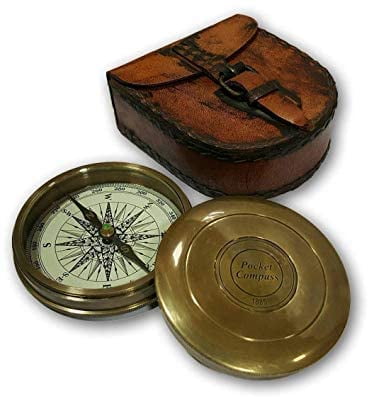 Brass Compass Wooden Box Case Flat Robert Frost Poem Navigation Pocket Compass 