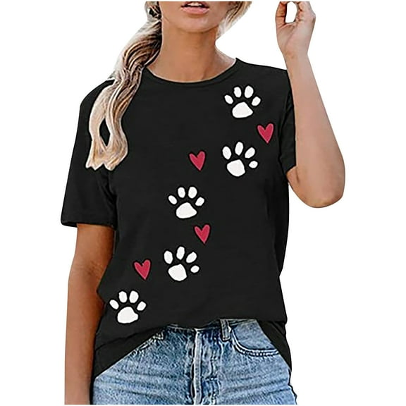 Rezuofi 1 Pcs Womens Love Paw Short Sleeve T-Shirt Dog Mom Funny Tees Letters Print Crewneck Casual Summer Tops