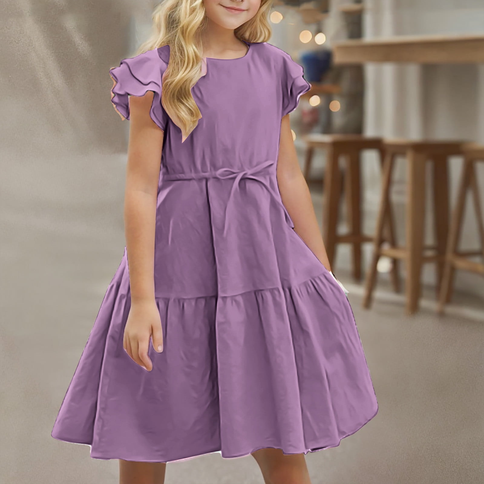 zbxnLI Girls Dress Linen Ruffle Sleeve A-Line Beach Sundress Solid