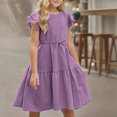 thumbnail image 4 of Girl's Cotton Linen Dress Summer Flutter Sleeve Casual Swing Flowy Dresses Casual Crew Neck Loose Tiered A-Line Sundress for Kids 4-14 Years, 4 of 7