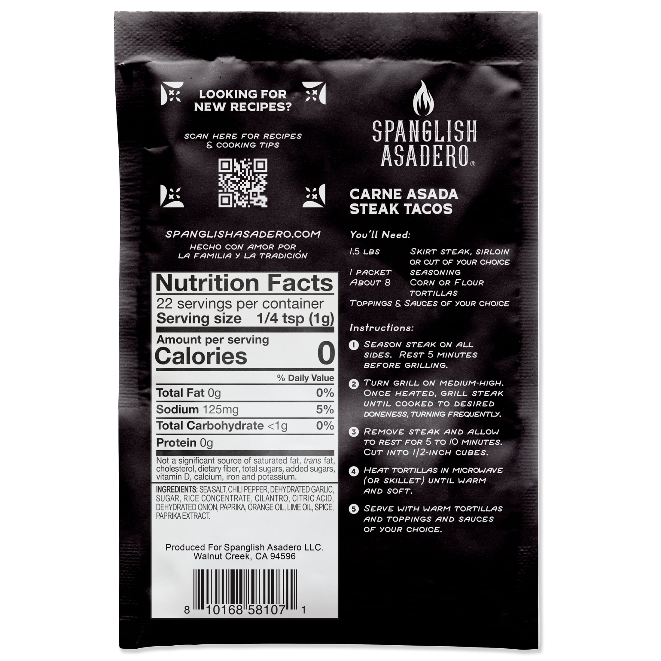 Spanglish Asadero Carne Asada Seasoning with Chilis, Garlic, Citrus & Sea Salt, 0.8 oz Packet