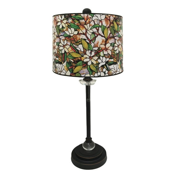 Royal Designs 28" Crystal and Oil Rub Bronze Buffet Lamp with Magnolia Stained Glass Design Hard Back Lamp Shade