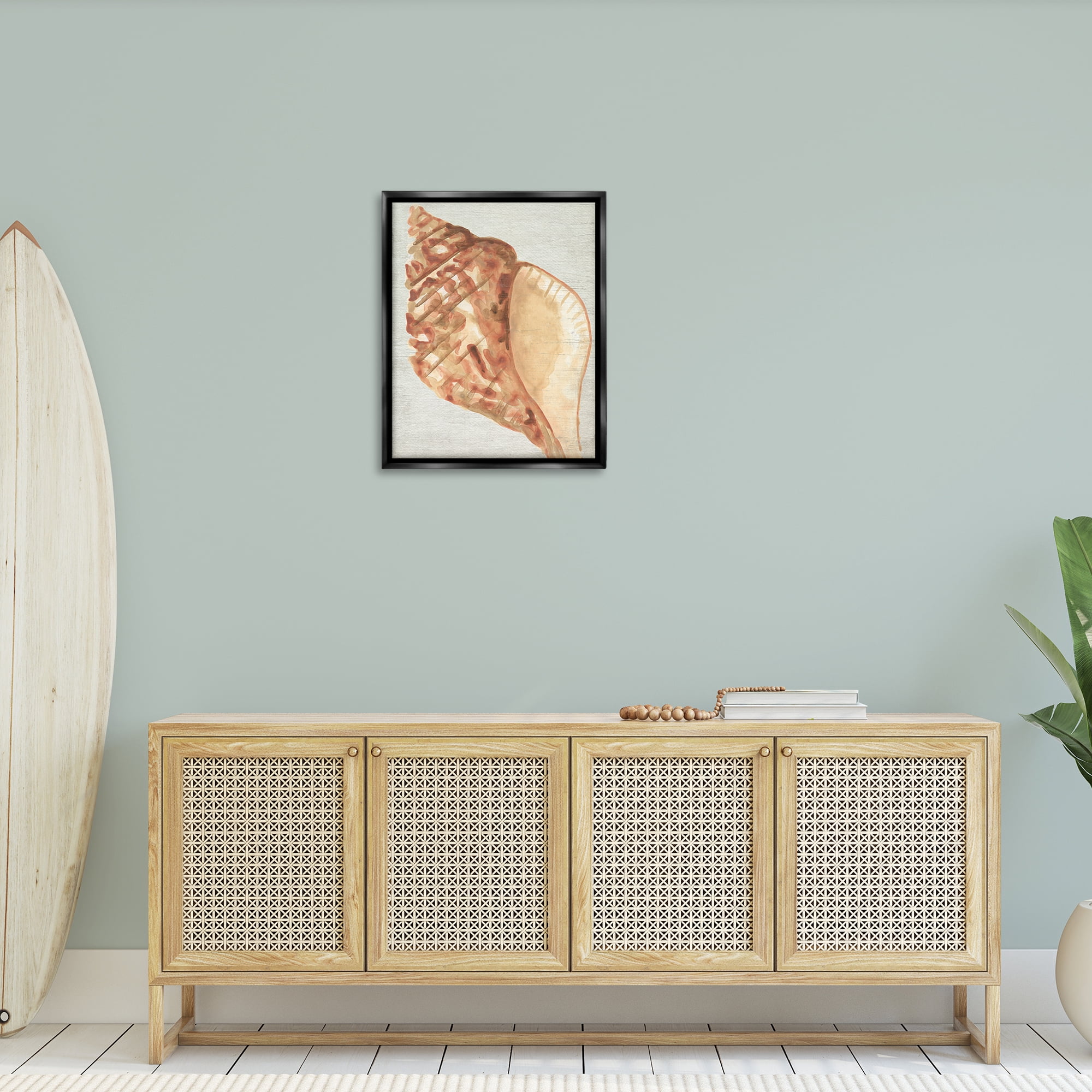Stupell Industries Tan Conch Shell Nautical & Beach Painting Black Floater Framed Canvas Art Print Wall Art, 25 x 31