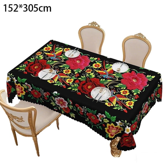 Vibrant Mexican Floral Tablecloth Black Background With Phoenix Peony Bird Luxury Dining Motifs Tablecloth