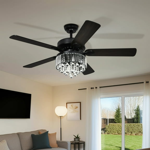 DWVO Chandelier Crystal Ceiling Fan with Remote, with Light and Remote, Crystal Fan Light with 3 Speed, 4 Blades, Silent Reversible Motor, Timer - Black