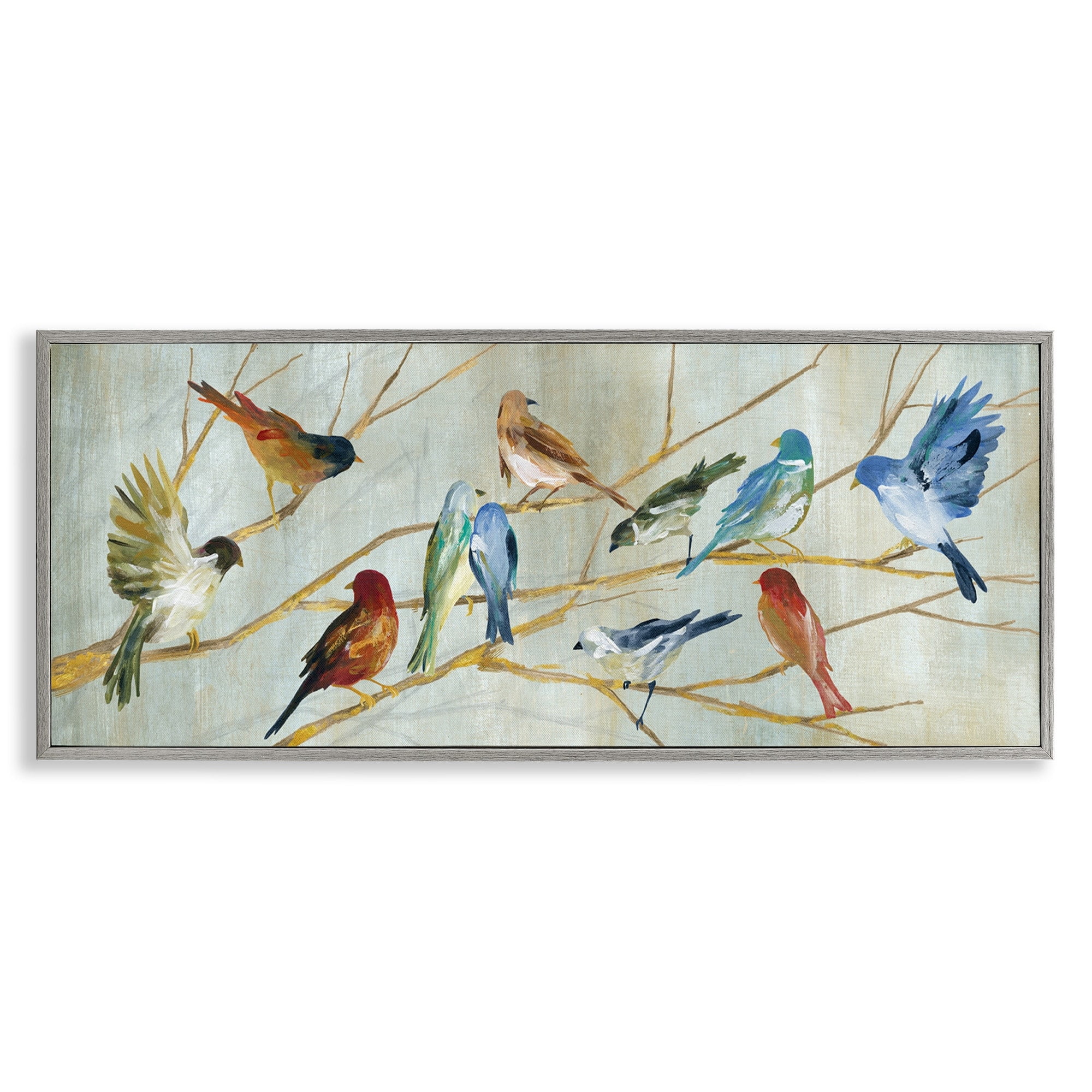 Stupell Industries Birds Resting Autumn Tree Branches Blue Red Brown Animals & Insects Painting Gray Framed Art Print Wall Art, 13 x 30