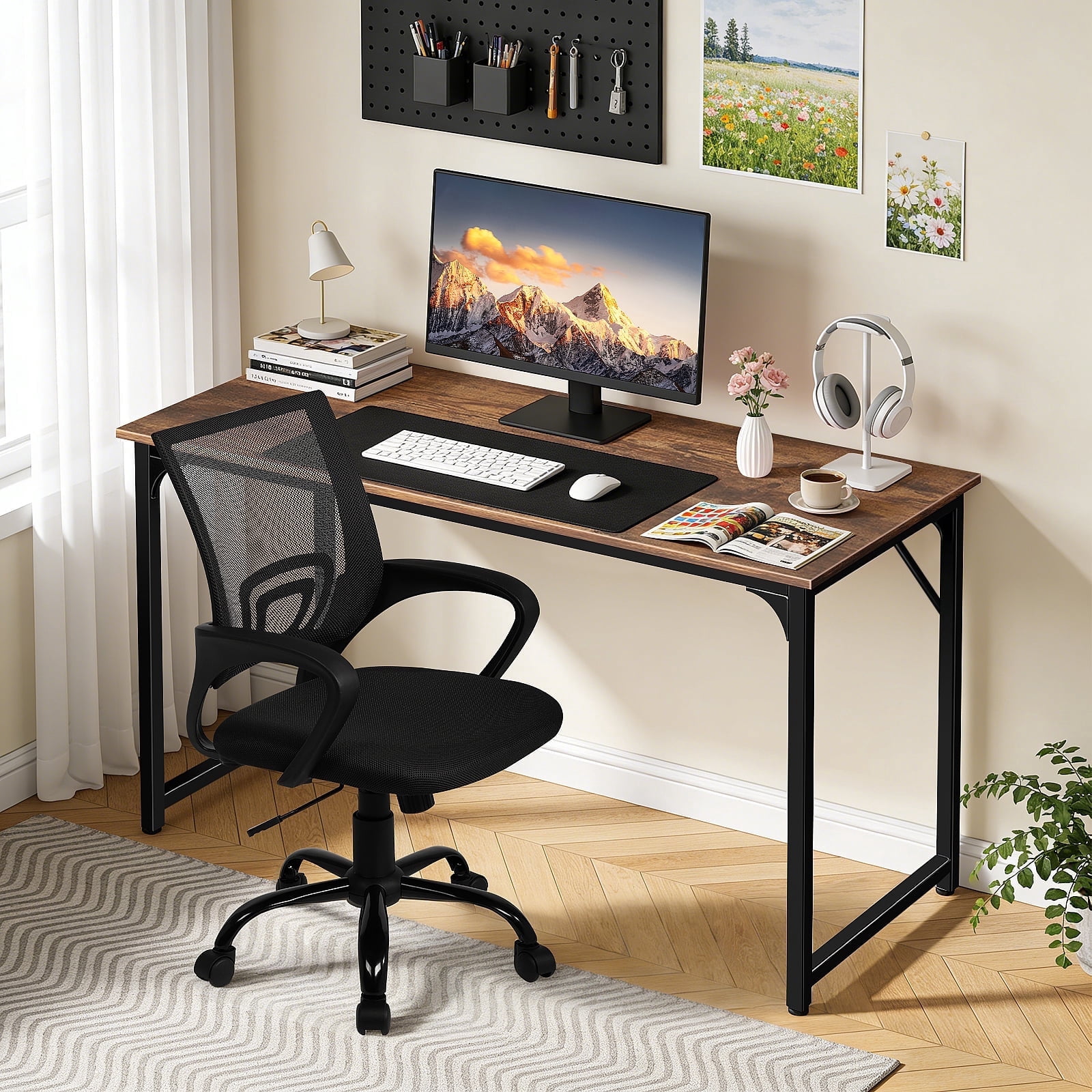 Dkelincs 40 inch Computer Desk and Chair Set Home Office Modern Wood Study Desk & Mesh Ergonomic Height Adjustable Office Chair for Small Spaces, Vintage & Black
