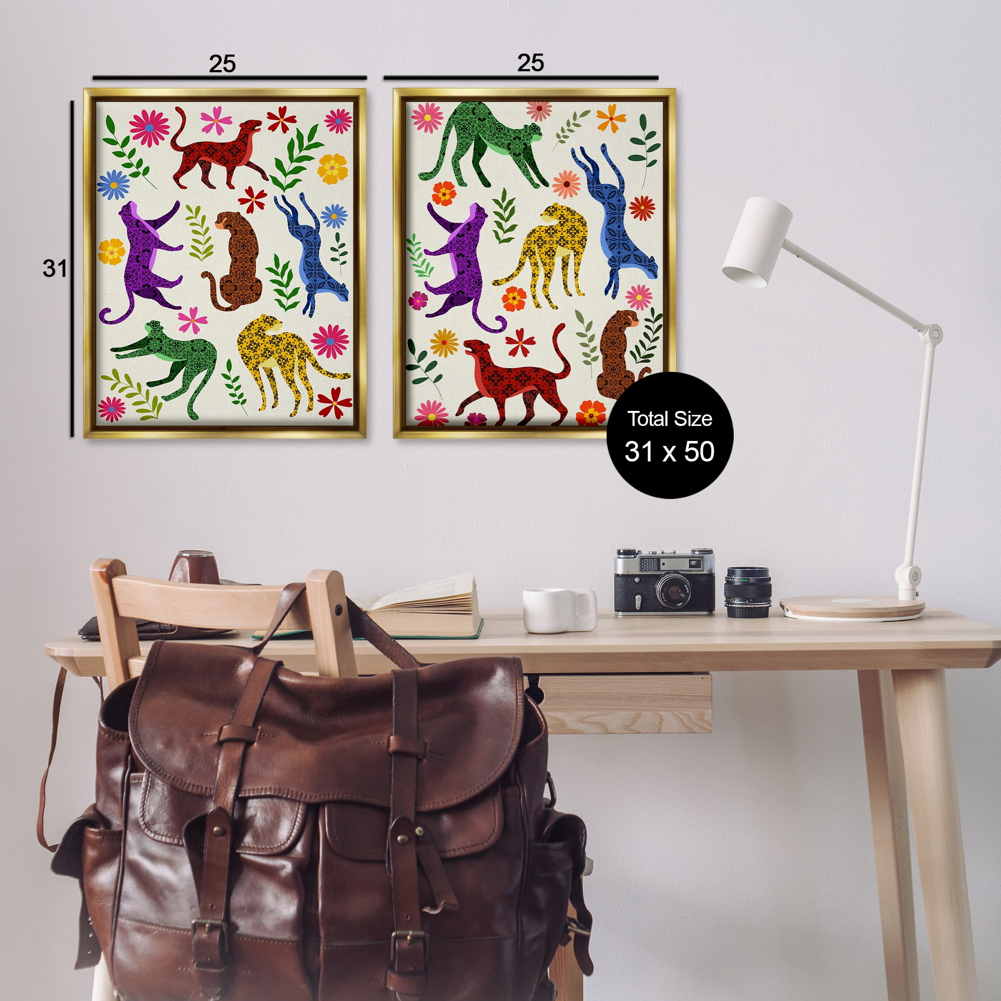 Stupell Industries Patterned Floral Jungle Cats Animals Painting Gold Floater Framed Canvas Art Print Wall Art, 31 x 25, Set of 2