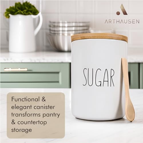 Ceramic Storage Jar Canister - Airtight Bamboo Lid w/Silicone Seal - Modern Design for Kitchen Counter or Bathroom (Sugar 1080mL)