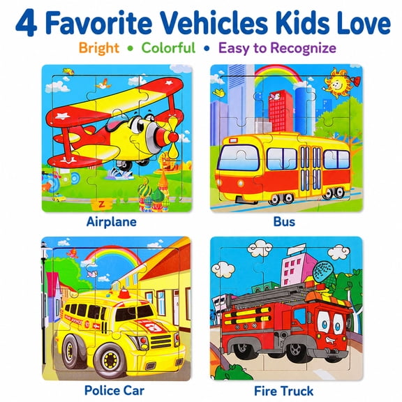 4 Pack Wooden Vehicle Puzzles for Toddlers Ages 3-5, 9 Piece Jigsaw Puzzle Set with Airplane Bus Police Car Fire Truck, Preschool Learning Toys