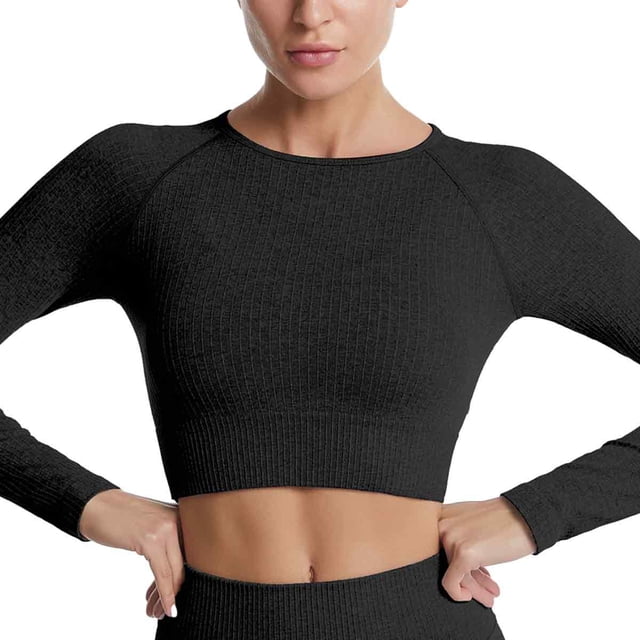 Top corto de manga larga para mujer, camiseta corta sin costuras para ejercicio