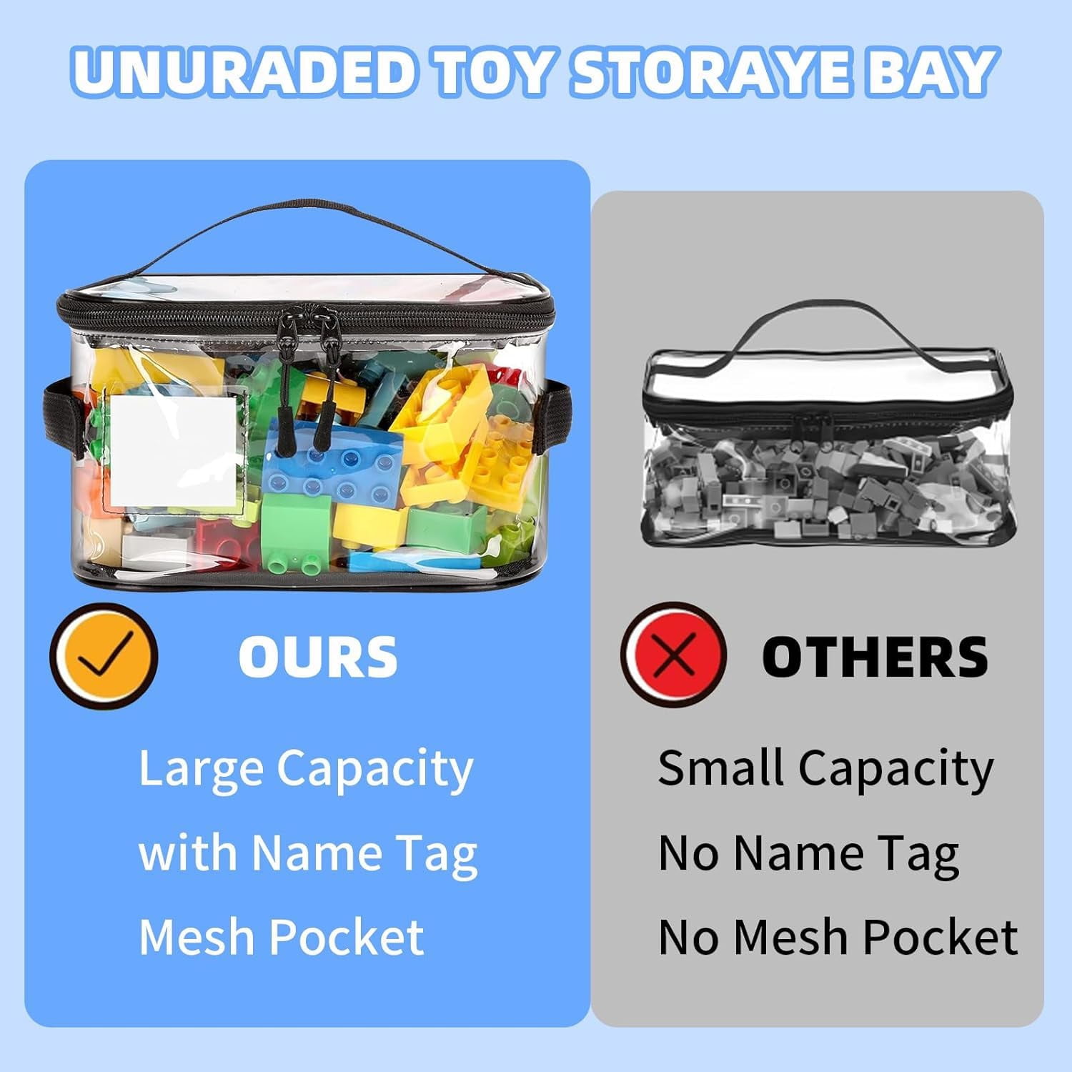 B-Qtech 8 Pack Clear PVC Toy Storage Bags - Waterproof Organizer with Name Tag & Manual Pocket for Legos, Beyblades, Puzzles, Building Blocks