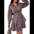 thumbnail image 3 of Conjunto de 2 Piezas de Cuadros para Mujer, Blusa de Larga con Falda, Cintura Alta, Informal, para Otoño e Invierno Rojo L, 3 of 10