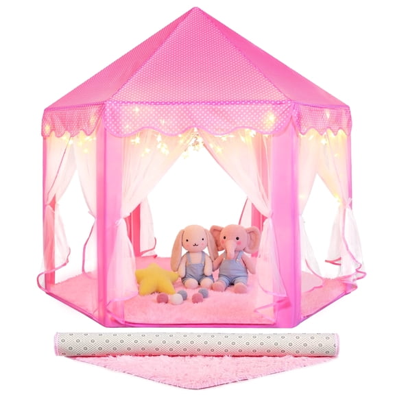 PigPigPen Pink Princess Castle Play Tent for Toddler Girls and Kids with Rug and Star Lights, Indoor Playhouse for Pretend Play and Reading