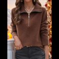 thumbnail image 3 of Suéter de Otoño para Mujer, de Larga, con Cremallera de 1/4, Sudadera Holgada de Punto Acanalado con Abertura. Color Café L, 3 of 4