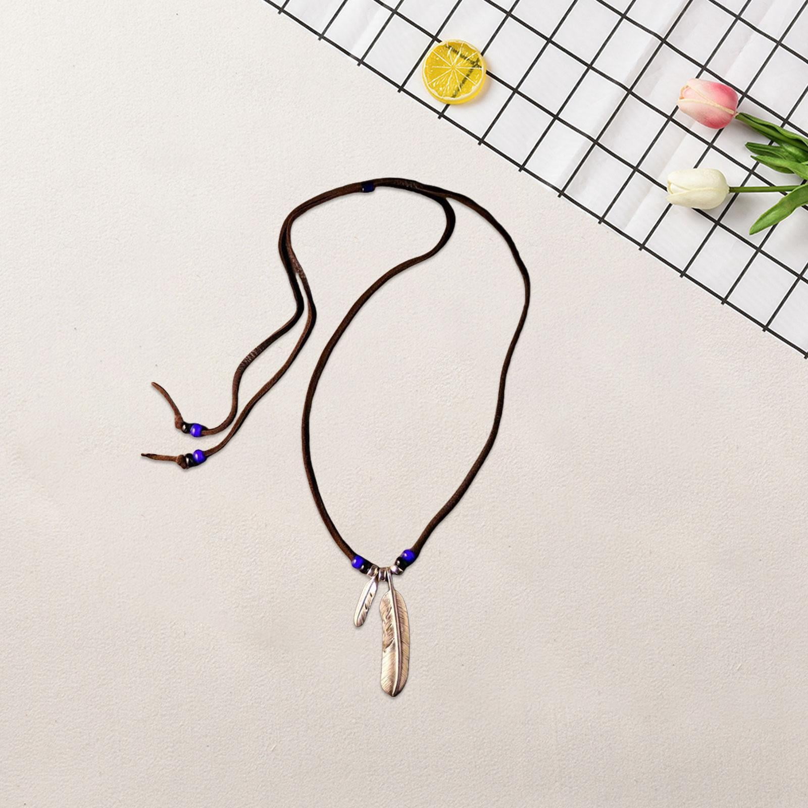 QccHieUs Feather Pendant Necklace Adjustable PU Leather Cord Jewelry Tribal Feather Charm normal