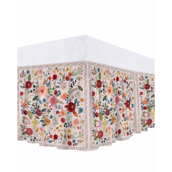 Colorful Flowers Square Bed Skirt Queen Size 18 Inch Drop, Spring Vintage Watercolor Floral Leaves Pink Adjustable Elastic Dust Ruffles Bedskirt for Queen Bed Wrap Around Pleated Mattress Frame Cover