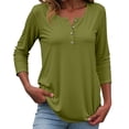 thumbnail image 2 of T Shirts for Women 2025 Fall 3/4 Sleeve Crewneck Button Casual Basic Plain Tshirt Blouse Womens T Shirts, 2 of 6
