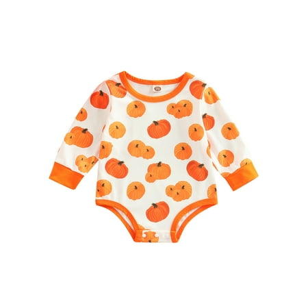

Meihuida Halloween Baby Romper Long Sleeve Round Neck Pumpkin Pattern Holiday Themed Ribbed One-Piece Jumpsuit