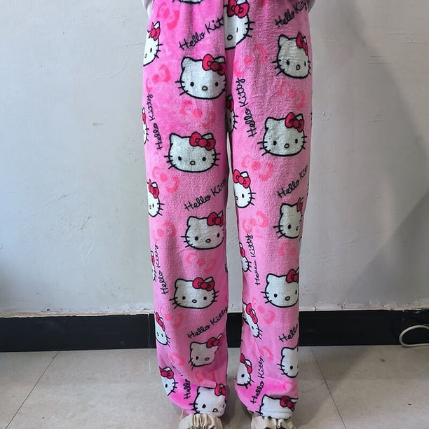 Sanrio-pantalones de pijama de Hello Kitty para mujer, pantalón suave de tela elástica doble de Anime, regalo de cumpleaños Kawaii, Halloween