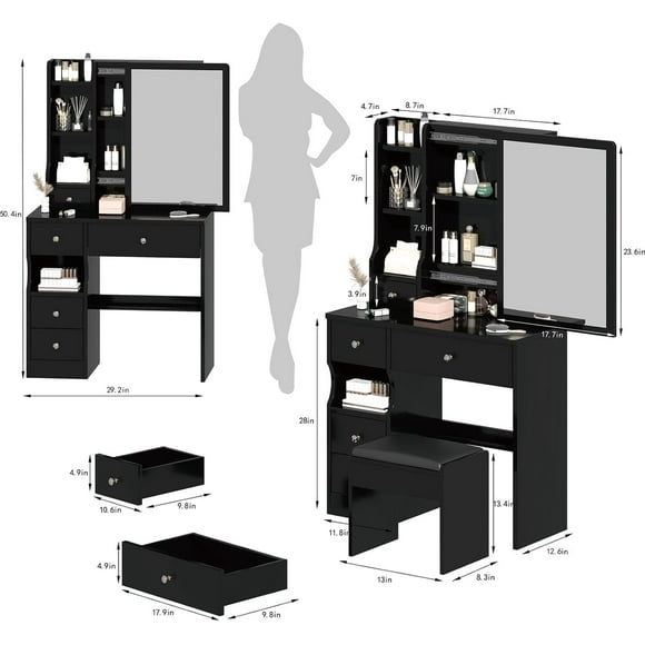 Small Space Left Drawer Desktop Dressing Table+cushioned Stool, Oversized Right Sliding Mirror, Multi-layer Large Capacity Storage, Practical and Stylish Dressing Table, Bedroom Furniture, Suitable Fo