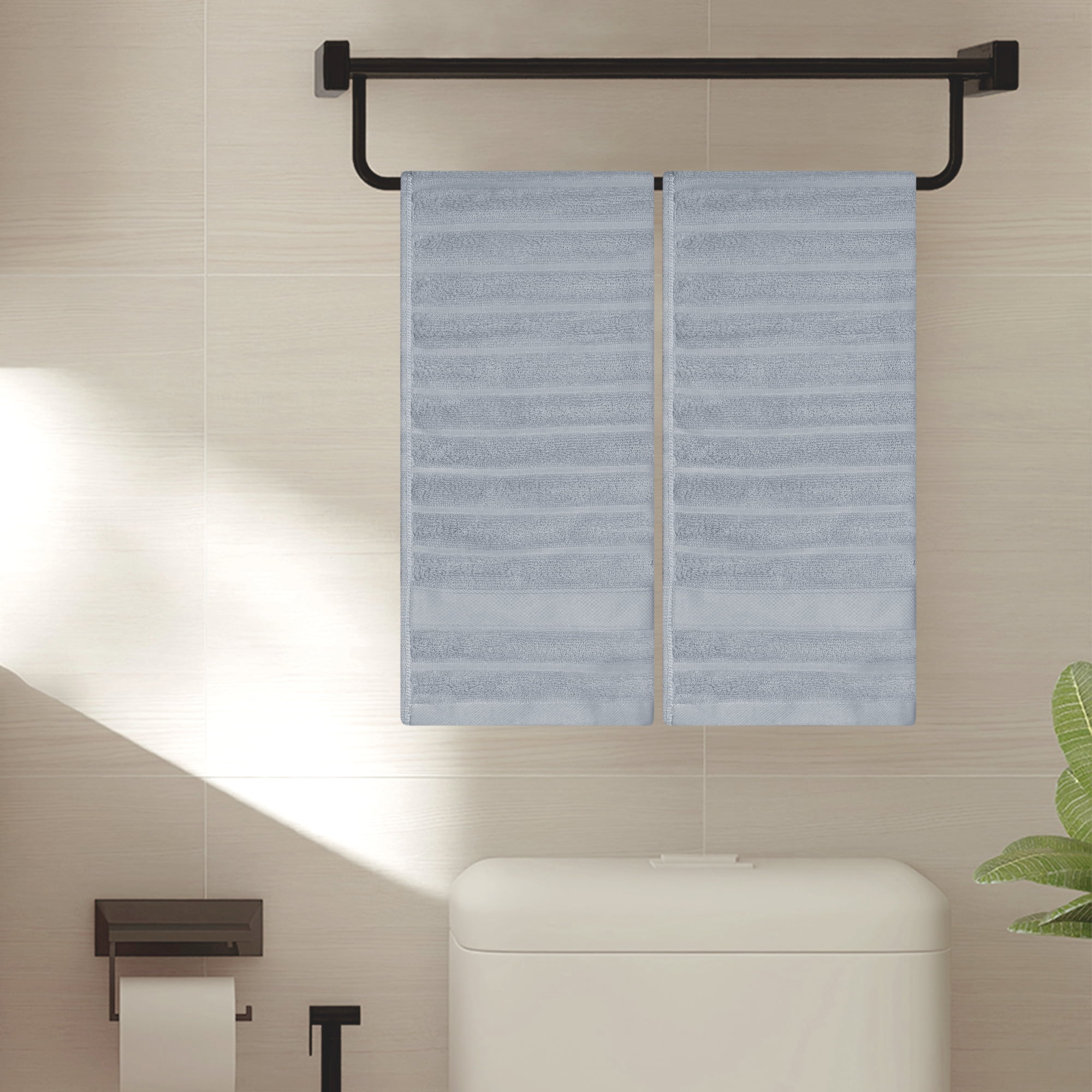 Unique Bargains Striped Cotton Hand Towel 14" x 30" 4 Pcs Grey/Navy Blue