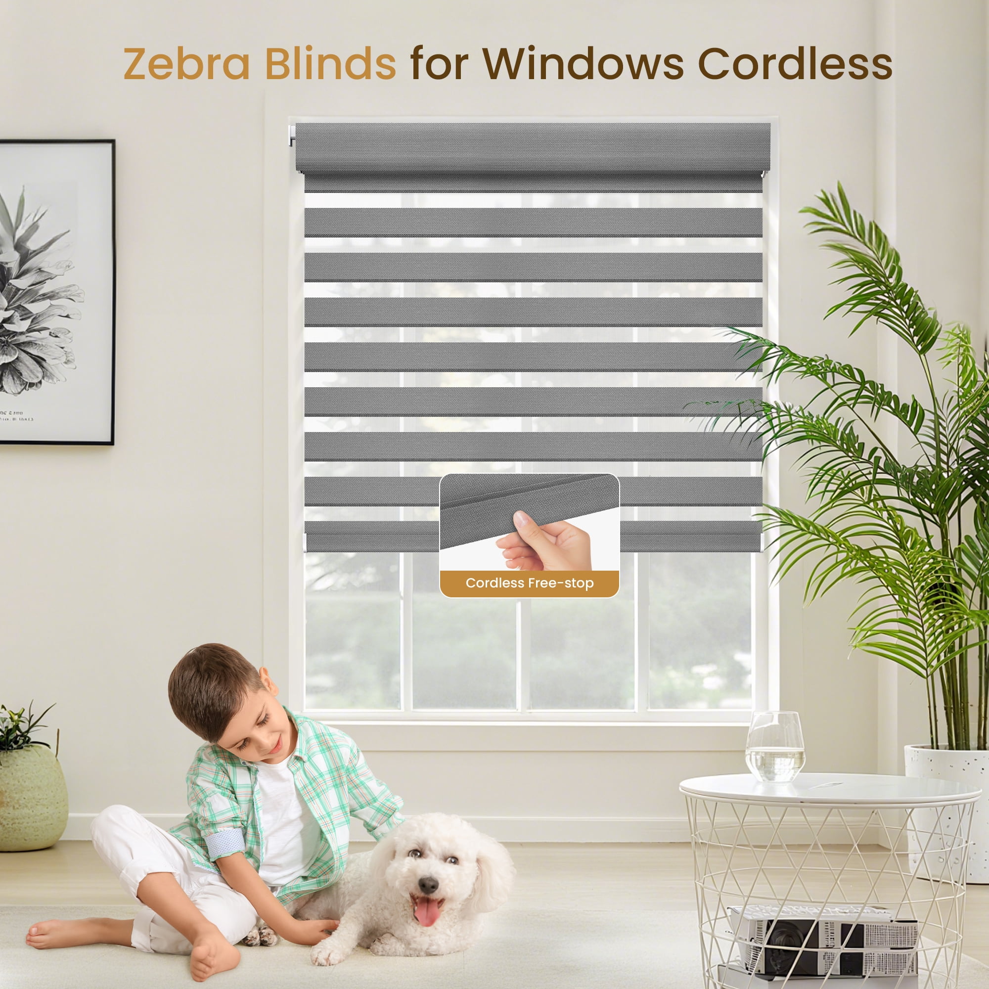 Grandekor No Drill Zebra Blinds for Windows,Cordless Zebra Shades Dual Layer, Pull Down Roller Shades Free-Stop,34"W x 72"H,Grey,Easy to Install for Home, Office, Bedroom
