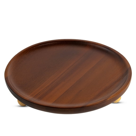Garnen Kitchen Décor Wooden Tray Acacia Wood Tray for Coffee Table Bathroom Vanity Counter, Round Pedestal Stand Wood Riser Tray Candle Jewelry Holder