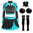 thumbnail image 3 of YiZYiF Women's Cheerleading Uniform Set Long Sleeve Dance Crop Top with Rhinestones Skating Skirt Sky Blue B L, 3 of 5
