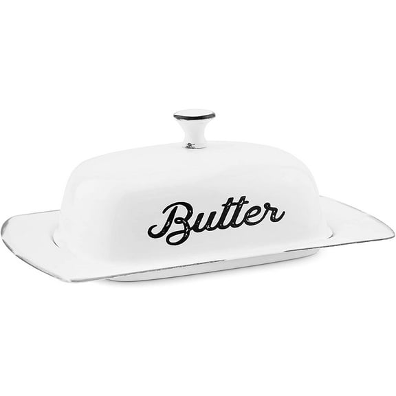 AuldHome Design Farmhouse White Butter Dish, Vintage Style Enamelware Butter Dish w/ Cover
