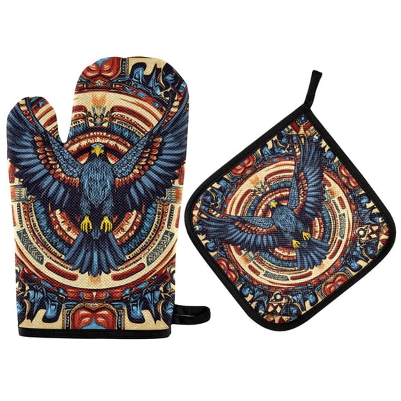 Yayeee Oven Mitts and Pot Holder Set of 2 Heat Resistant Kitchen Gloves Baking Hot Pad, Blue Geometric Eagle