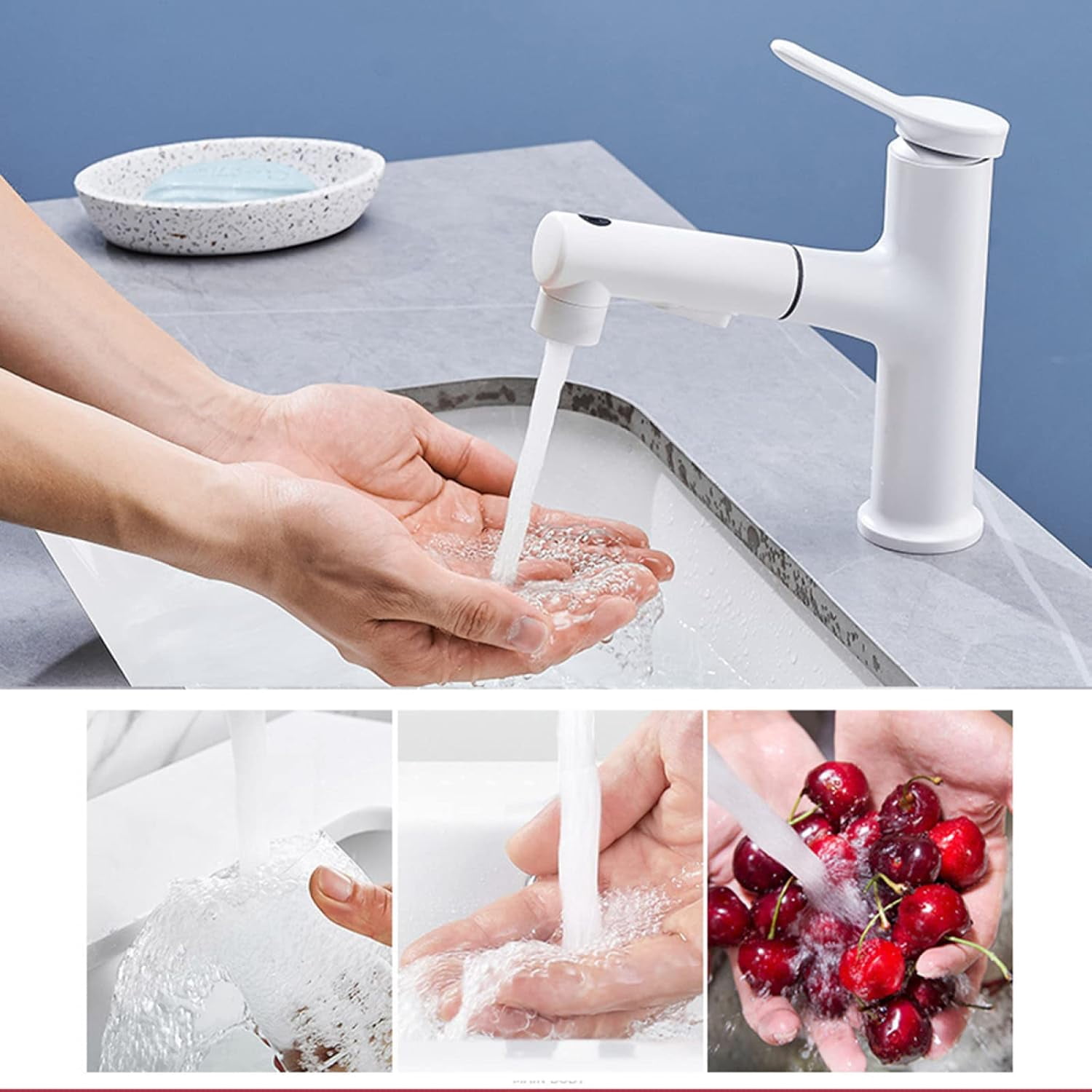 Bathroom Sink Faucet with Pull Out Sprayer,Single Hole Bathroom Sink Faucet with 3 Modes,Brass Single Handle for Hot and Cold Water Vanity Basin Faucet,White