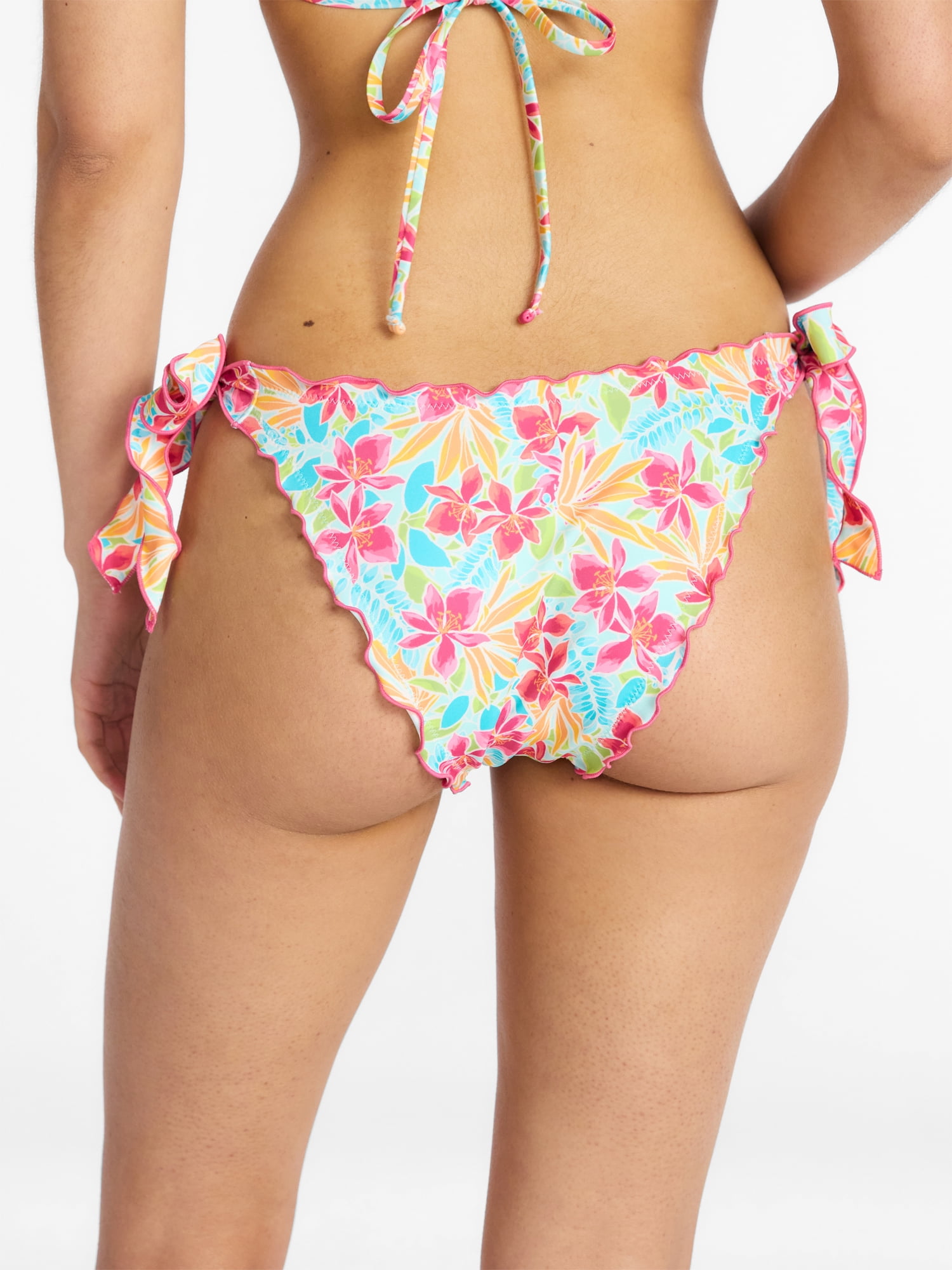 No Boundaries Lettuce Edge Side Tie Bikini Bottoms, Women's XXS-XXL