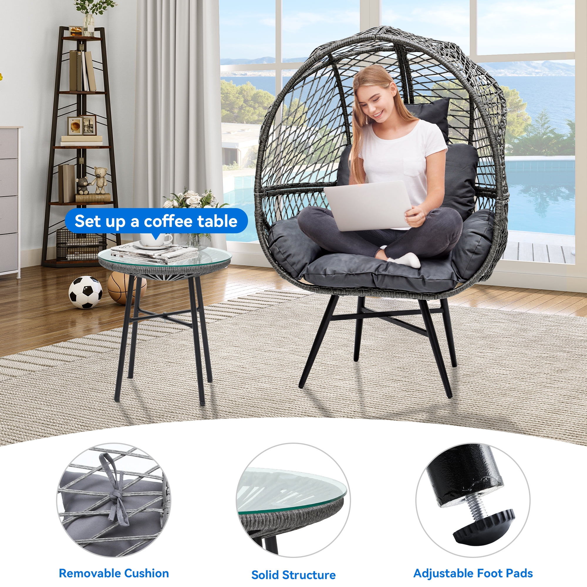Uforic Wicker Egg Porch Swings with a Table, Suitable for Indoor and Outdoor Use