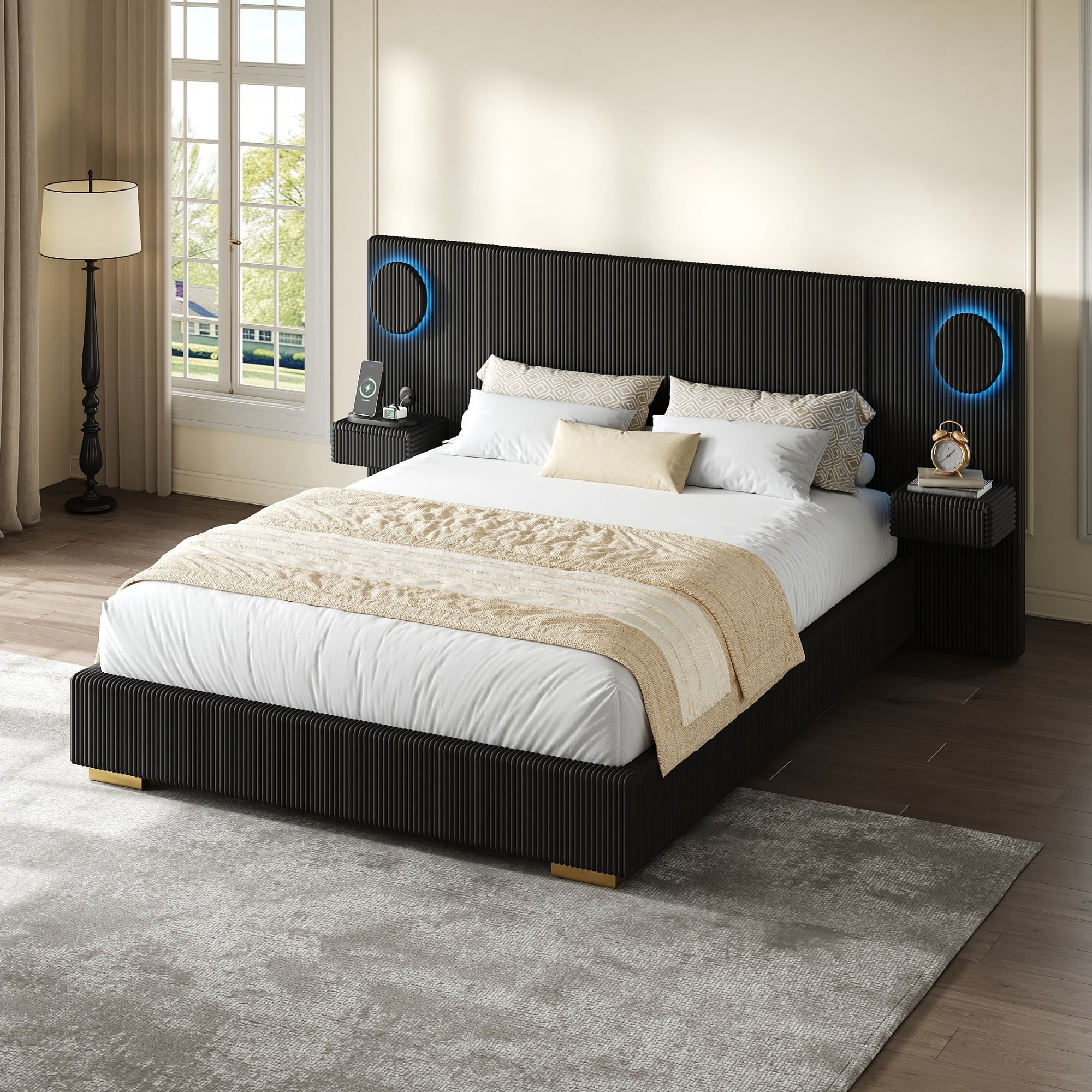 Euroco Upholstery Queen Size Platform Bed with LED Light and Drawers, High Headboard Design with Bedside Tables and USB Ports, No Box Spring Needed, Black