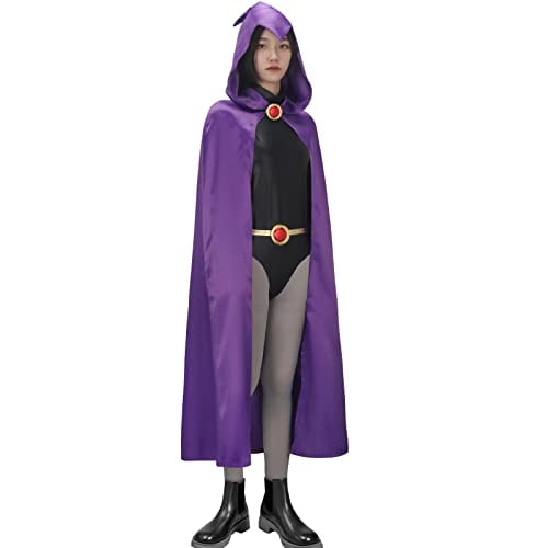 NIHONCOS Womens Raven Costume Black Jumpsuit With Purple Hooded Cloak Cape Waist Belt Suit Halloween Cosplay Party Outfits (Black, X-Large)