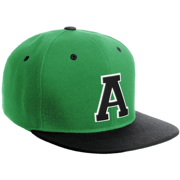 Daxton Classic Snapback Hat Custom A to Z Initial Varsity Letters, Kelly Green Black Hat White Black Letter A
