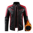 thumbnail image 2 of HOOMEUMY Mens Fleece Lined Leather Jacket Colorblocked Coat Stand Collar Jacket Padded Design Casual Workout Long Sleeve Clothes Fashion 2025 Trendy Red XL, 2 of 5