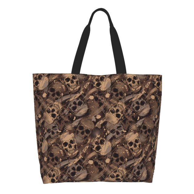 Fotbe Brown Camouflage Skull Bolsa Tote Estética de Lona con Estampado para Mujer - Bolsa Reutilizable de Hombro Casual para Vacaciones, Compras, Trabajo y Gimnasio