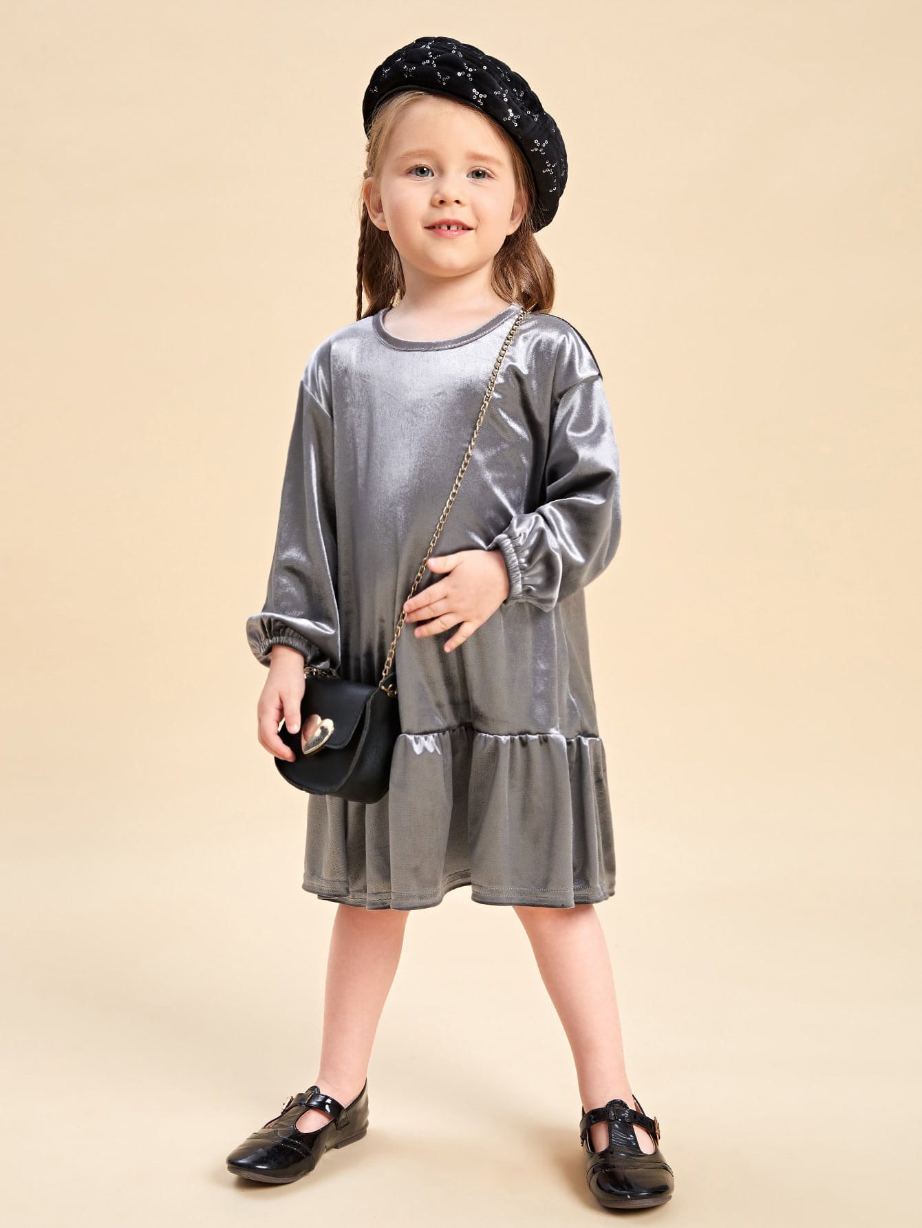 Toddler Girls Lantern Sleeve Ruffle Hem Velvet Dress Grey Dressy A040W -  Walmart.com