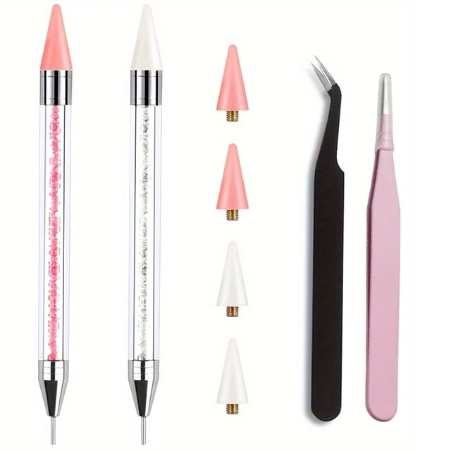 Graflsoa Ensemble d'Outils de Ramassage de Strass à Double Extrémité de 8 Pcs - 2 Stylos à Pointe Cirée, 4 Pointes Remplaçables, 2 Pinces Courbées et Droites pour Nail Art, Réparation de Bijoux, Bricolage, Assemblage Électronique