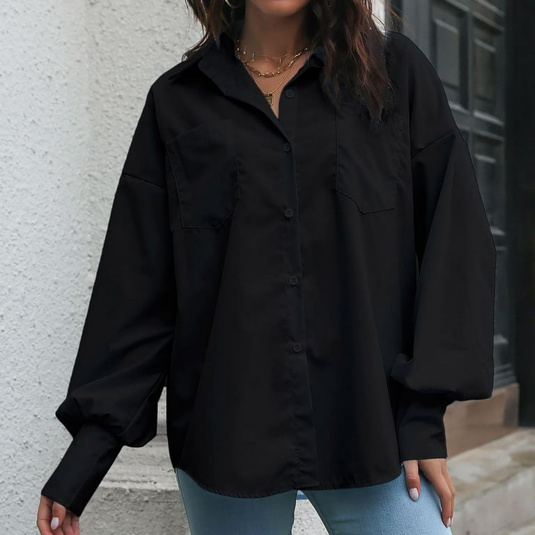 Comfy Hide Belly Long Shirt Long Sleeve Shirts Button Down Collared Solid  Dressy Plus Size Tops for Women Tunic Tops to Wear with Leggings Flowy  Black