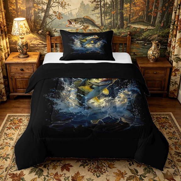 Castle Fairy Moody Splash Bass Twin Comforter Sets 2pcs,Dark Lake Bubble Art Bedding Set,Charcoal Gold,Black Reversible,1 Comforter and 1 Pillowcase