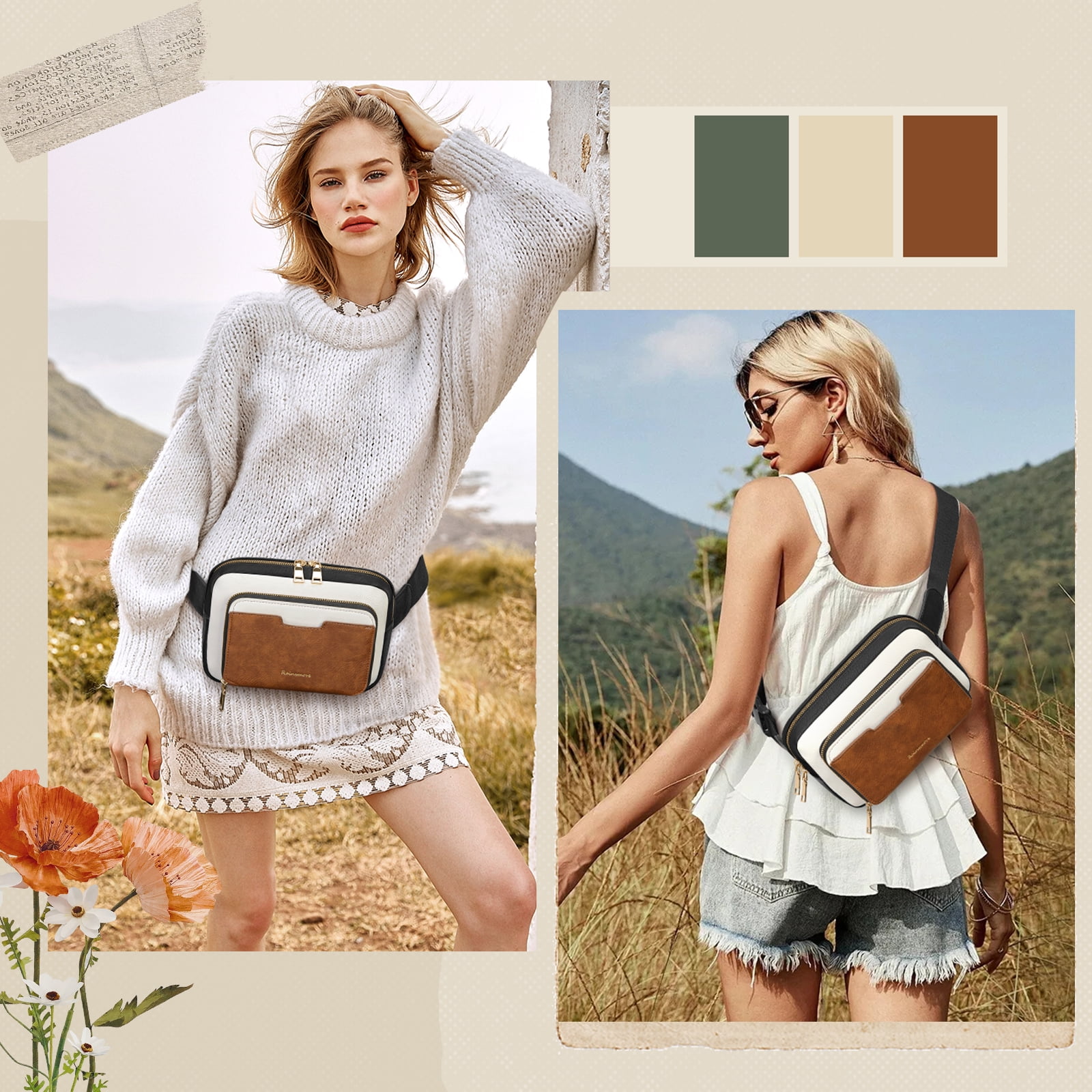 RAINSMORE Fanny Packs for Women, Leather Belt Bag Waterproof Everywhere Crossbody Waist Pack with Adjustable Strap Retro Sling Chest Bag for Work Running Travel Party,Black&Brown&White
