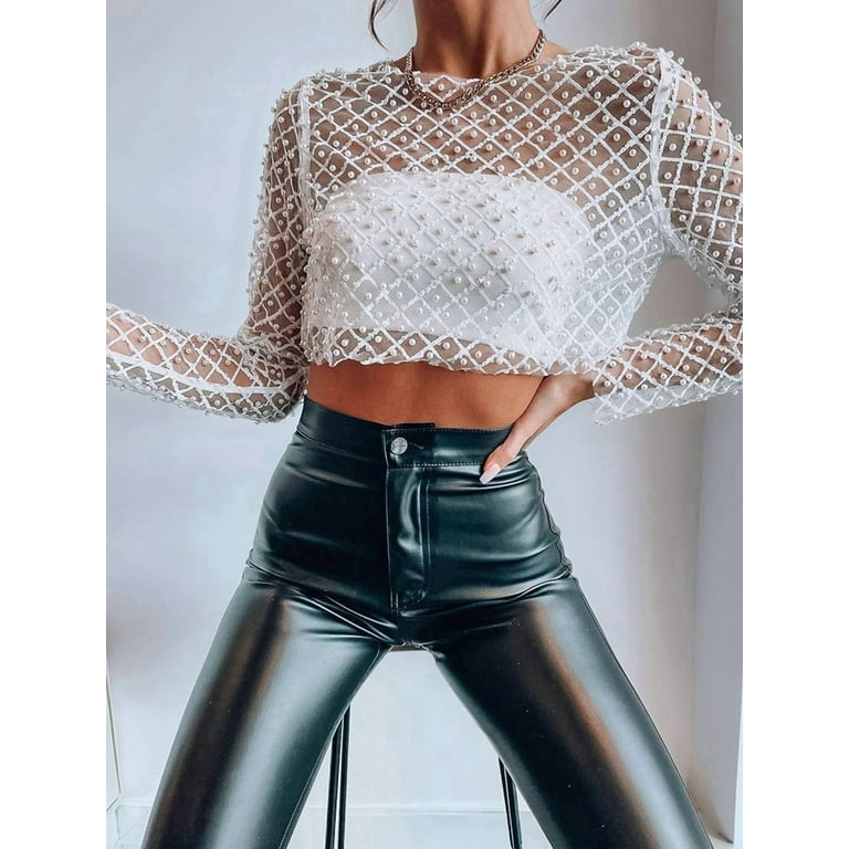 See Through Pearl Sheer Mesh Top Long Sleeve Beaded Crop Top Pearl