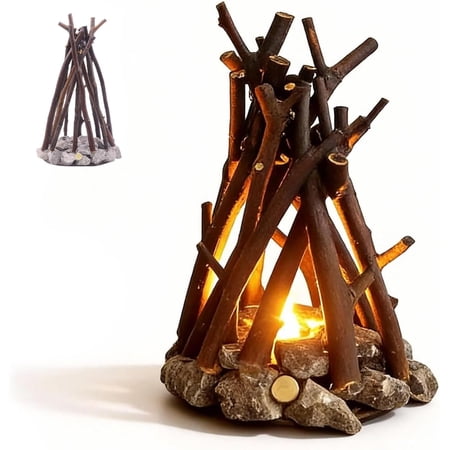 Campfire Night Light Rechargeable Rustic Lamp with 3 Light & White Noise Modes Natural Wood and Stone Cordless Desk Decor for Bedroom Cabin
